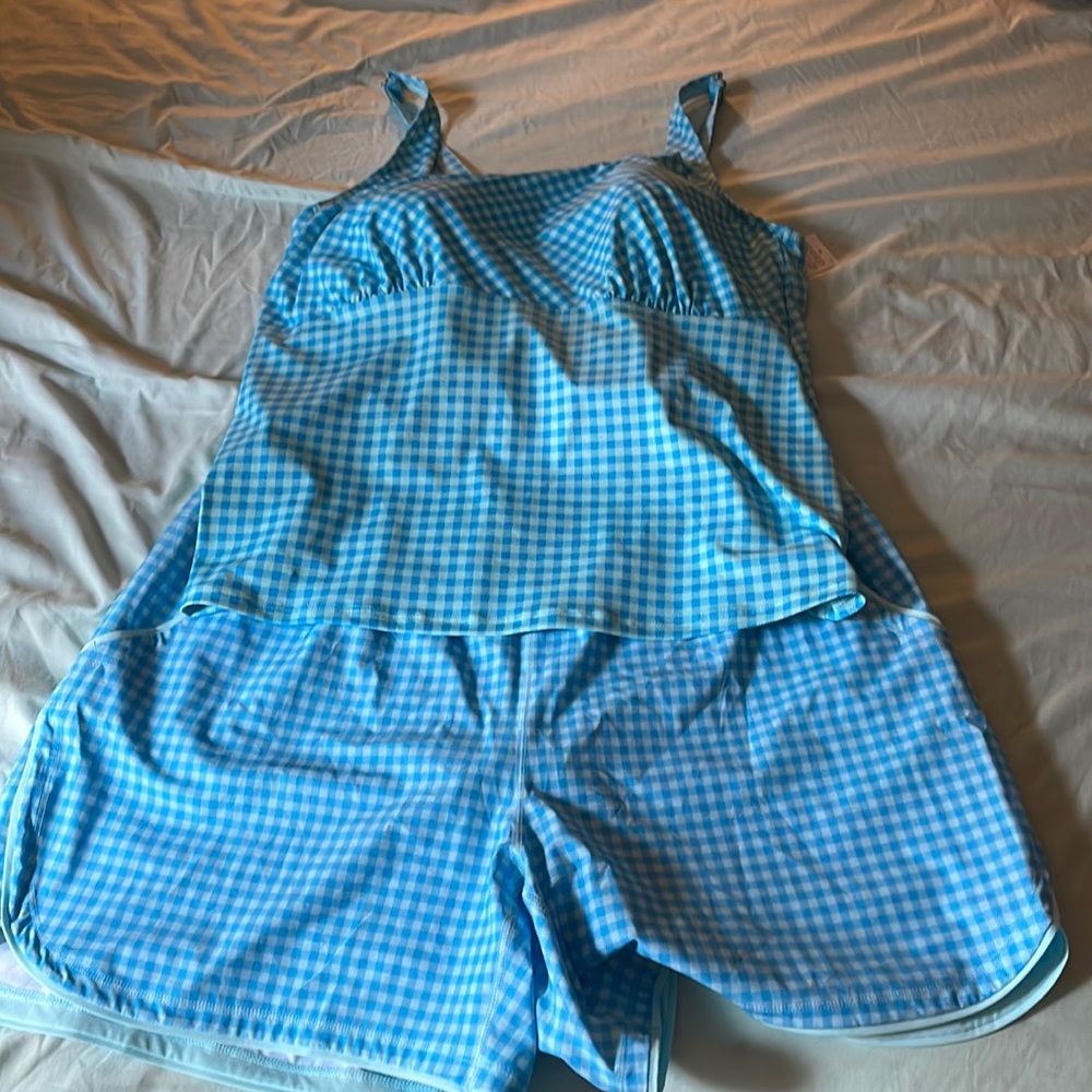 NWT blue gingham Lands’ End 2-piece swim suit tankini in size 20W